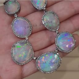 Natural Fire Opal & Diamond Necklace, Sterling Silver Bridal Wedding Jewelry, Elegant Statement Piece thumbnail 3