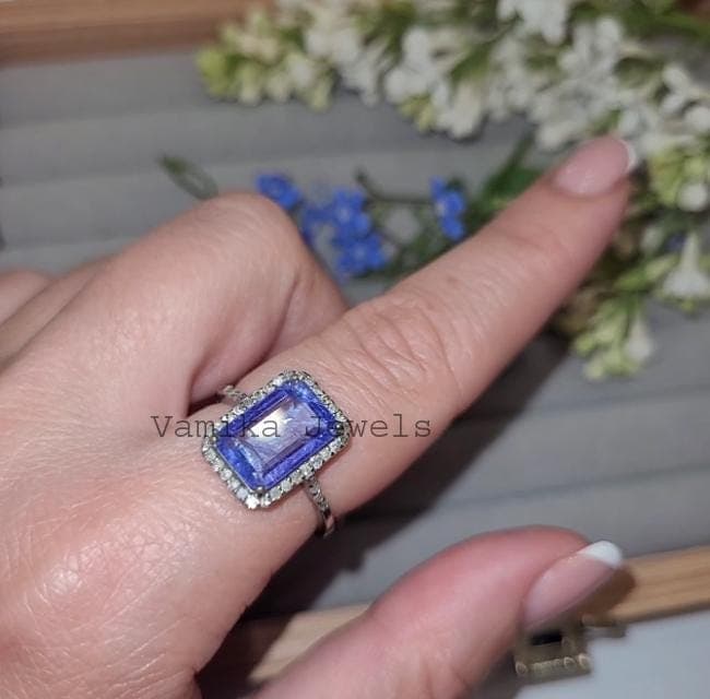 Halo Tanzanite Engagement Ring, Sterling Silver Diamond, December Birthstone