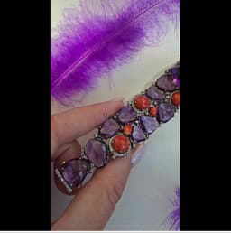 Natural Amethyst & Coral Bracelet, 925 Sterling Silver Diamond Multi Stone Wide Band Jewelry thumbnail 4
