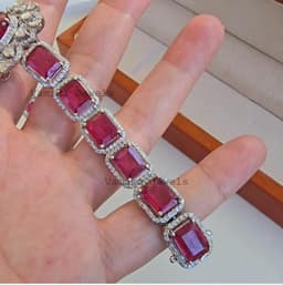 Natural Ruby Bracelet, 925 Sterling Silver Polik Pave Diamond Halo Statement Jewelry thumbnail 7