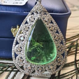 Natural Solitaire Green Tourmaline & Diamond Halo Pendant, Sterling Silver Teardrop Jewelry thumbnail 5