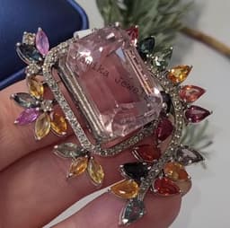 Vintage Floral Kunzite Brooch, Multi Sapphire Diamond Pin, Sterling Silver thumbnail 5