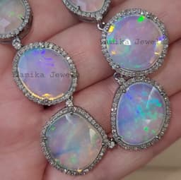Natural Fire Opal & Diamond Necklace, Sterling Silver Bridal Wedding Jewelry, Elegant Statement Piece thumbnail 1