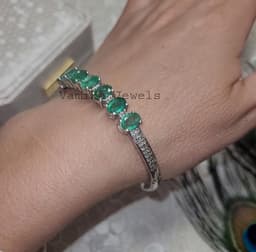 Emerald Diamond Sterling Silver Bangle Bracelet, Handmade Jewelry thumbnail 3