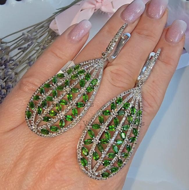 Natural Chrome Diopside Diamond Dangle Earrings, 925 Sterling Silver Statement Jewelry, Anniversary Gift
