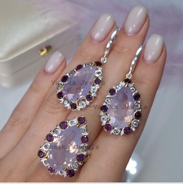 Natural Amethyst Blue Topaz Ring Earring Set – 925 Sterling Silver Multi Stone Statement Jewelry