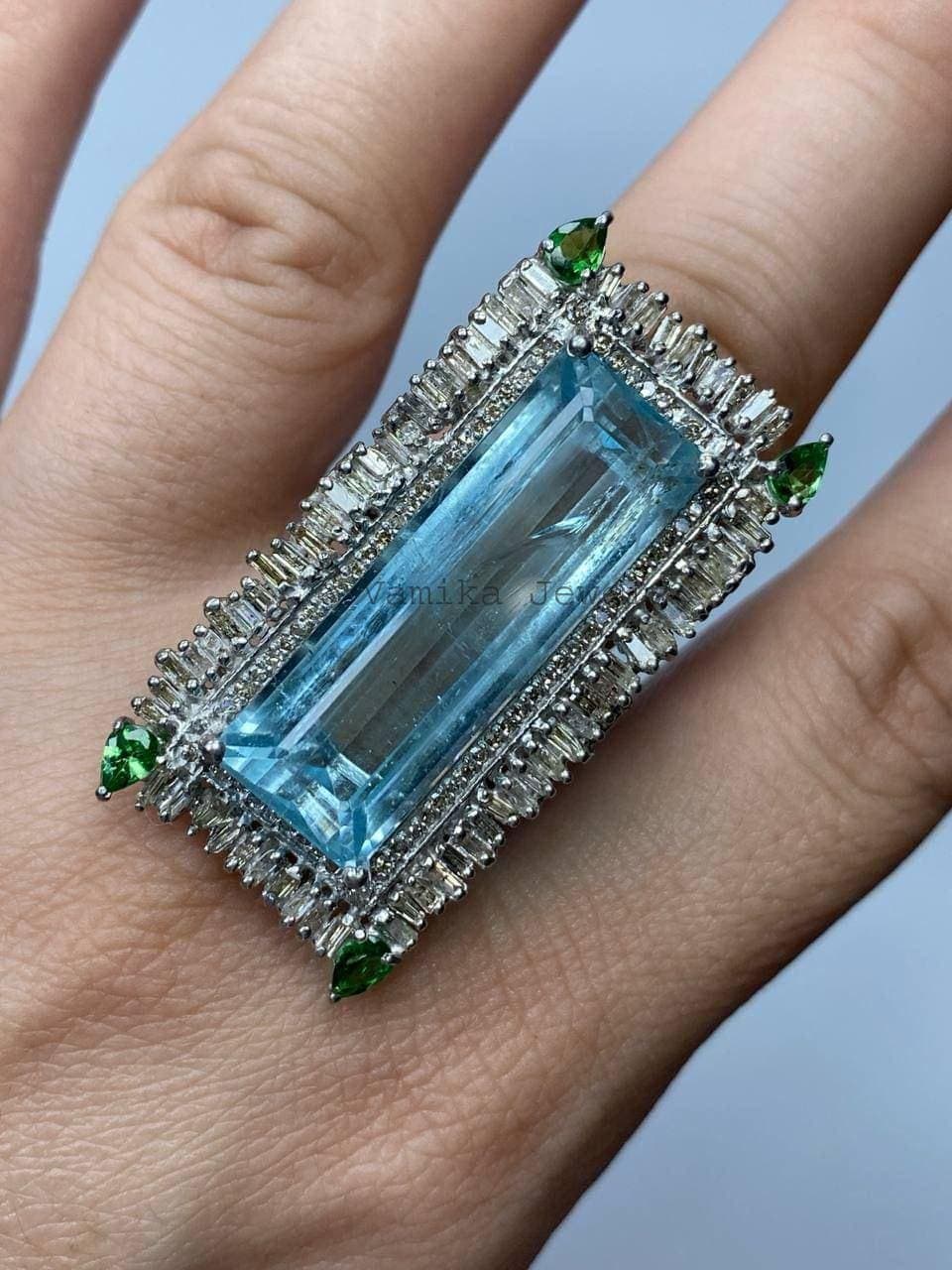 Natural Aquamarine Diamond Halo Ring, 925 Sterling Silver Tsavorite Jewelry, Wedding Anniversary Gift