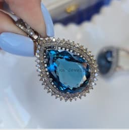 Natural London Blue Topaz Diamond Pendant, 925 Sterling Silver Double Halo Statement Jewelry thumbnail 1