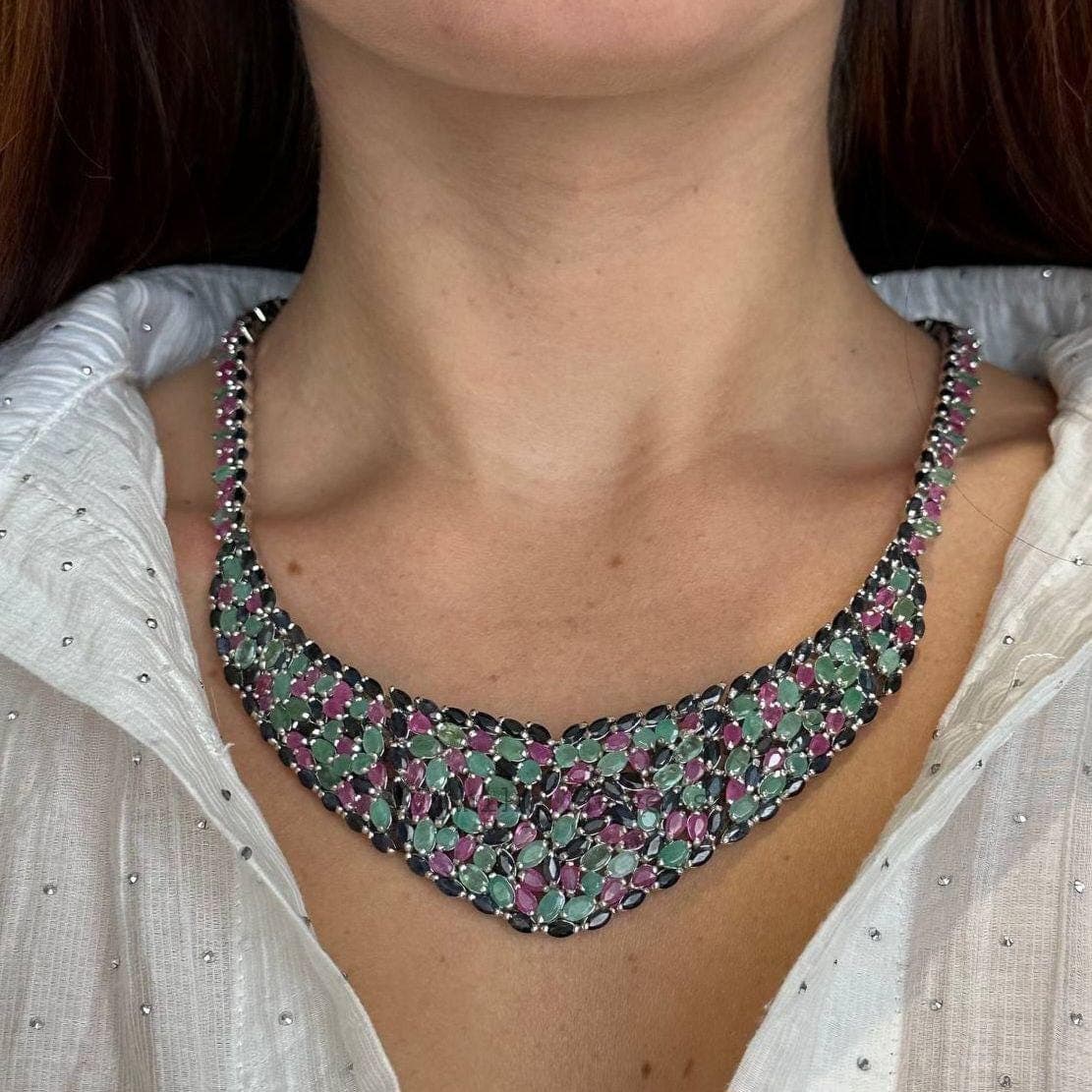 Natural Ruby Emerald Cluster Necklace, 925 Sterling Silver Sapphire Multi Stone Statement Jewelry