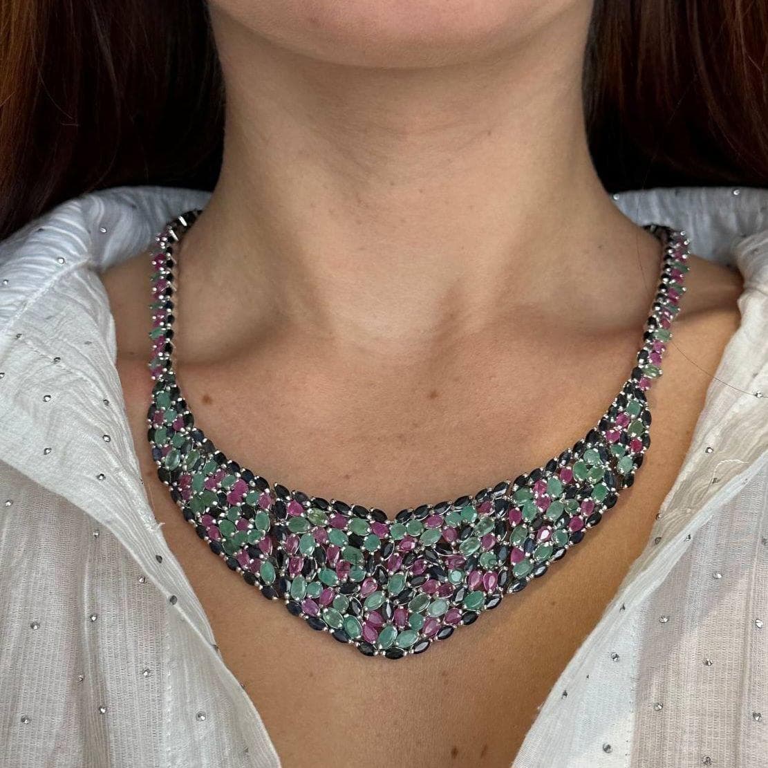 Natural Ruby Emerald Cluster Necklace, 925 Sterling Silver Sapphire Multi Stone Statement Jewelry