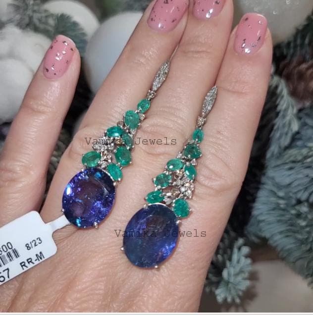 Natural Tanzanite Emerald Diamond Earrings, 925 Sterling Silver Multi-Stone Dangle Anniversary Jewelry
