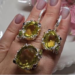 Natural Lemon Quartz Ring Earring Set, 925 Sterling Silver Garnet Peridot Jewelry, Anniversary Gift thumbnail 9