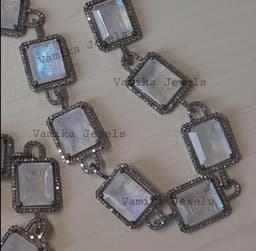 Natural Emerald Cut Moonstone & Diamond Necklace, 925 Sterling Silver Bridal Statement Jewelry thumbnail 2