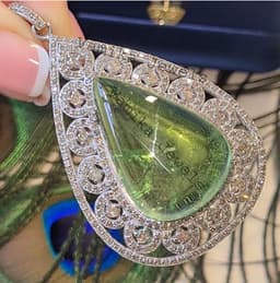 Natural Solitaire Green Tourmaline & Diamond Halo Pendant, Sterling Silver Teardrop Jewelry thumbnail 2
