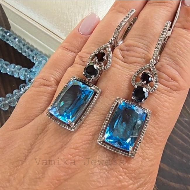 Natural Blue Topaz Diamond Dangle Earrings, 925 Sterling Silver Spinel Jewelry, Anniversary Gift Women