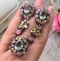 Natural Prasiolite Ring & Dangle Earrings Set, Sterling Silver Citrine Tourmaline Statement Jewelry thumbnail 2