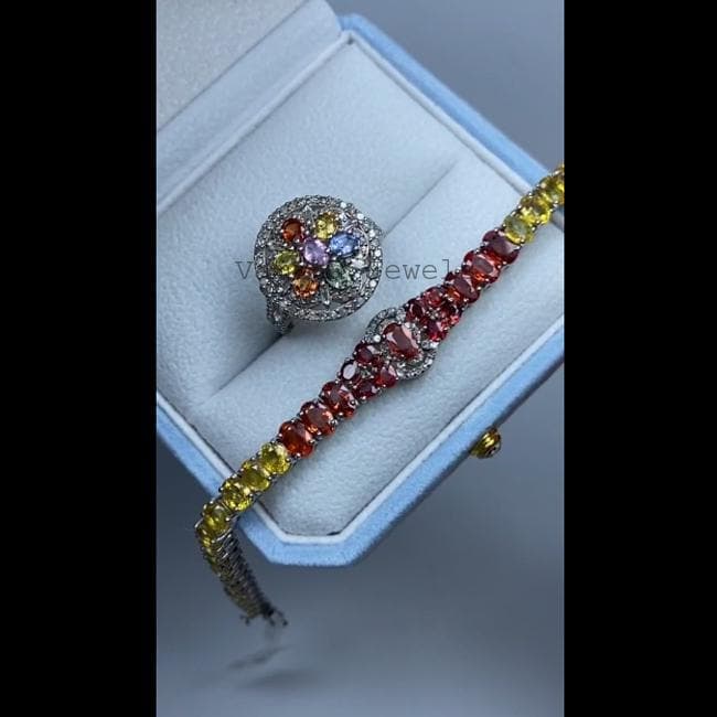 Natural Rainbow Sapphire & Diamond Bracelet Ring Set, 925 Sterling Silver Bridal Wedding Jewelry