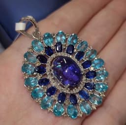 Natural Tanzanite Halo Pendant, Sterling Silver Kyanite Apatite Diamond Multi-Stone Cluster Jewelry thumbnail 3