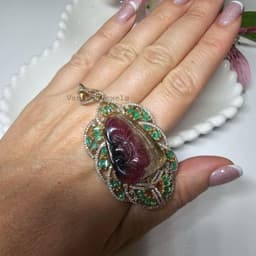 Natural Carved Tourmaline, Emerald & Diamond Pendant, Gold Plated 925 Sterling Silver Jewelry, Wedding Gift thumbnail 1