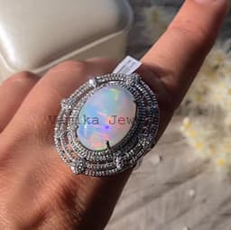 Natural Fire Opal Pave Diamond Ring, Sterling Silver Cocktail Statement Jewelry thumbnail 4