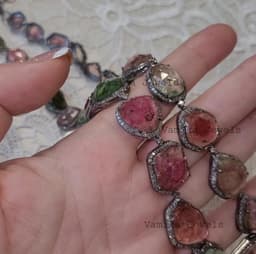 Natural Multi Tourmaline & Diamond Necklace, Handmade 925 Sterling Silver Bridal Wedding Statement Jewelry thumbnail 6