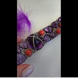 Natural Amethyst & Coral Bracelet, 925 Sterling Silver Diamond Multi Stone Wide Band Jewelry thumbnail 7