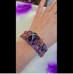 Natural Amethyst & Coral Bracelet, 925 Sterling Silver Diamond Multi Stone Wide Band Jewelry thumbnail 2