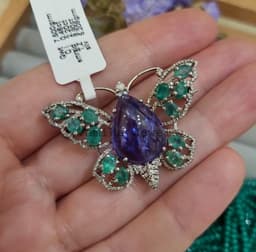 Natural Tanzanite Butterfly Brooch Pin, Sterling Silver with Emerald & Diamond Gemstone Statement Jewelry thumbnail 3