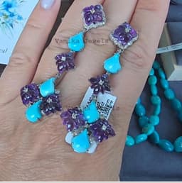 Natural Carved Amethyst Earrings, 925 Sterling Silver Turquoise Pave Diamond Dangle Statement Jewelry thumbnail 9