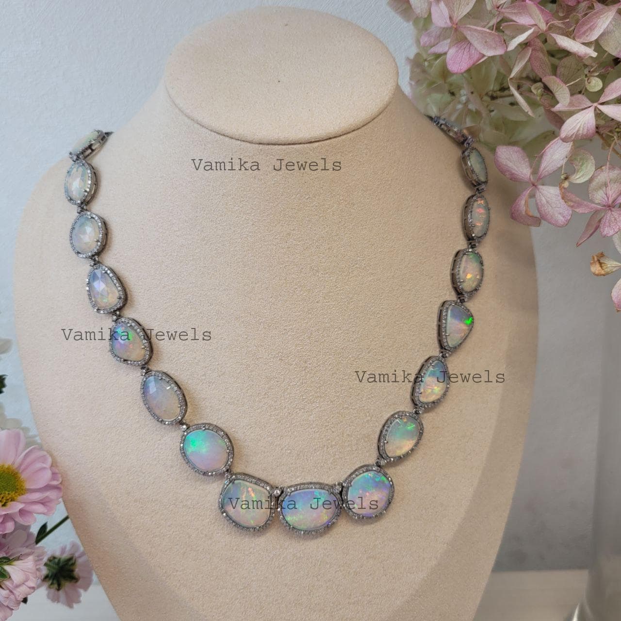 Natural Fire Opal & Diamond Necklace, Sterling Silver Bridal Wedding Jewelry, Elegant Statement Piece