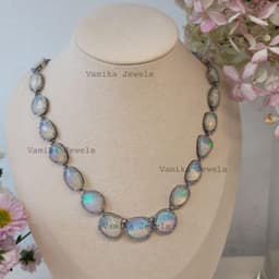 Natural Fire Opal & Diamond Necklace, Sterling Silver Bridal Wedding Jewelry, Elegant Statement Piece thumbnail 9