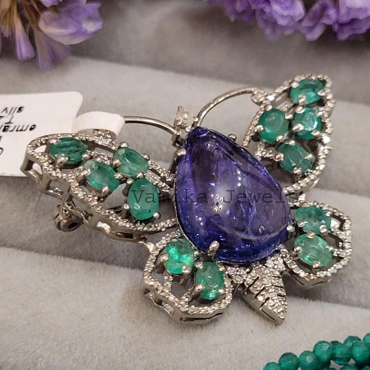 Natural Tanzanite Butterfly Brooch Pin, Sterling Silver with Emerald & Diamond Gemstone Statement Jewelry