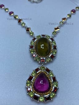 Natural Rubellite Tourmaline Necklace, 925 Sterling Silver Ruby, Peridot and Garnet Statement Jewelry thumbnail 8