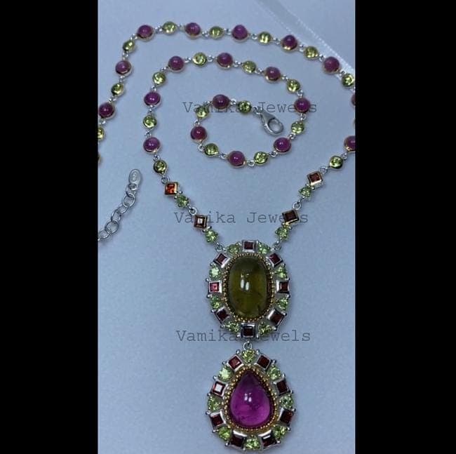 Natural Rubellite Tourmaline Necklace, 925 Sterling Silver Ruby, Peridot and Garnet Statement Jewelry