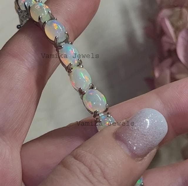 Natural Ethiopian Opal Tennis Bracelet, Sterling Silver Fire Opal Jewelry with Box Clasp