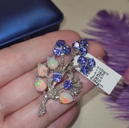 Fire Opal Brooch Pin, Sterling Silver Diamond Tanzanite Floral Brooch thumbnail 1