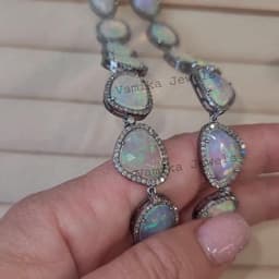 Natural Fire Opal & Diamond Necklace, Sterling Silver Bridal Wedding Jewelry, Elegant Statement Piece thumbnail 4