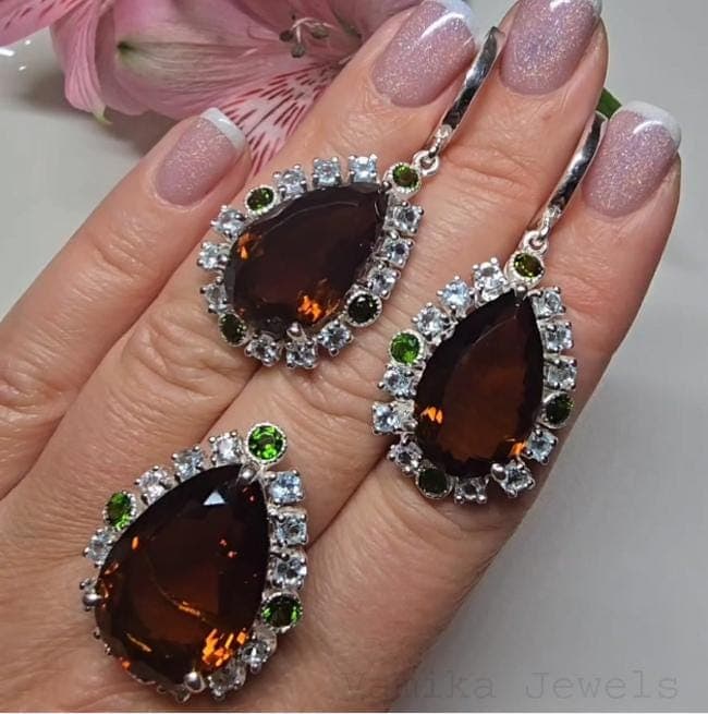 Natural Citrine Blue Topaz Ring Earring, 925 Sterling Silver Chrome Diopside Jewelry, Anniversary Gift
