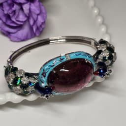 Natural Tourmaline & Diamond Bangle, 925 Sterling Silver Black Spinel Peacock Bracelet Jewelry For Women thumbnail 9