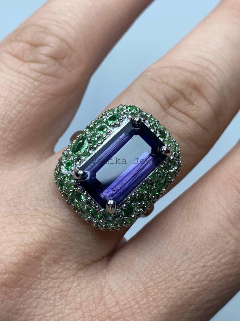 Natural Iolite Tsavorite Engagement Ring, 925 Sterling Silver Cluster Jewelry, Wedding Anniversary Gift