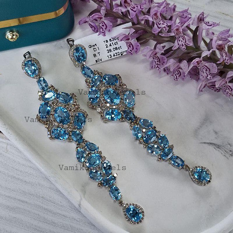 Natural Blue Topaz Dangle Earring, 925 Sterling Silver Diamond Jewelry, Wedding Gift For Women