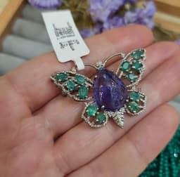 Natural Tanzanite Butterfly Brooch Pin, Sterling Silver with Emerald & Diamond Gemstone Statement Jewelry thumbnail 4