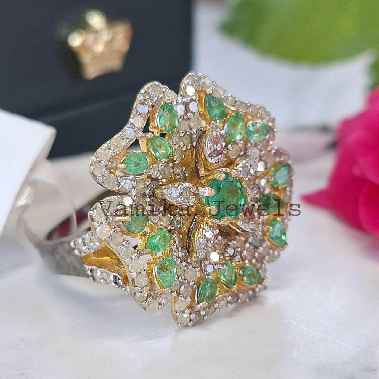 Natural Emerald Diamond Ring, Gold Plated 925 Sterling Silver Engagement Jewelry, Wedding Anniversary Gift