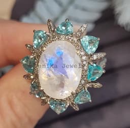 Natural Rainbow Moonstone & Diamond Halo Ring, Sterling Silver Apatite Cocktail Statement Jewelry thumbnail 5