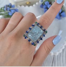 Natural Carved Aquamarine Diamond Ring, 925 Sterling Silver Multi Stone Kyanite Emerald Cluster Jewelry thumbnail 1