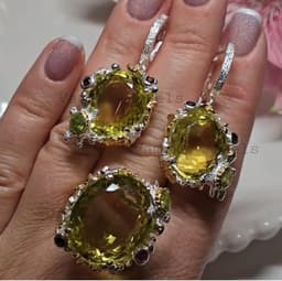 Natural Lemon Quartz Ring Earring Set, 925 Sterling Silver Garnet Peridot Jewelry, Anniversary Gift thumbnail 7