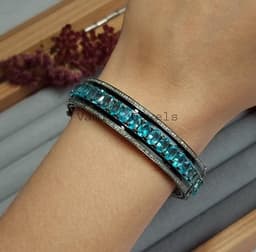 Natural Apatite & Diamond Bangle Bracelet, 925 Sterling Silver Black Enamel Statement Jewelry thumbnail 2