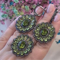 Handmade Chrysolite Jewelry Set, Sterling Silver Ring and Earrings with Pave Diamond Halo Design thumbnail 5