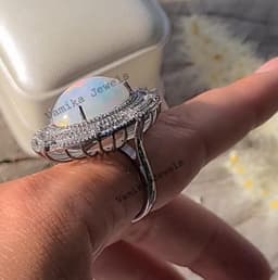 Natural Fire Opal Pave Diamond Ring, Sterling Silver Cocktail Statement Jewelry thumbnail 3