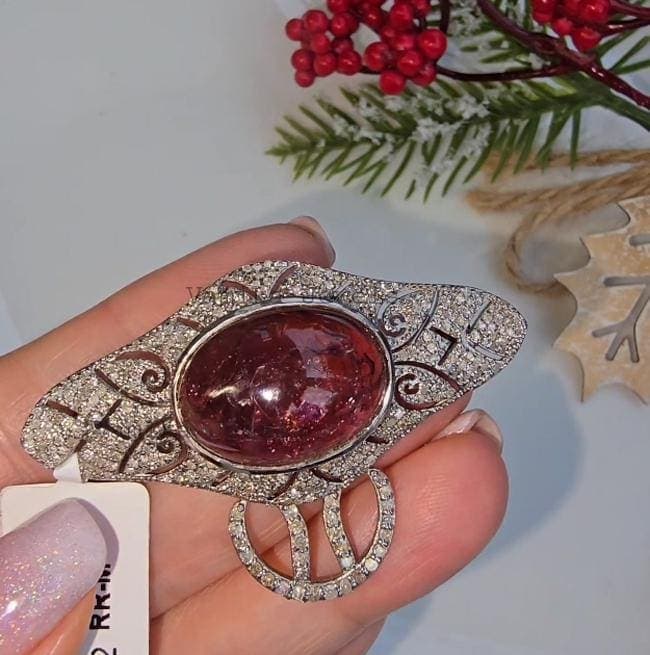 Natural Tourmaline Diamond Brooch, 925 Sterling Silver Statement Jewelry, Wedding Anniversary Gift